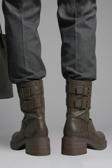 Edgy Brown Ankle Boots for Women with Buckle Strap Block Heel Chunky Moto Fall Style