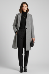 Stylish Grey Herringbone Longline Blazer for Women with Notched Lapel Single Button Woven Texture Tailored Winter Style
