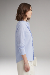 Elegant Striped Blouse for Women with Mandarin Collar Long Sleeve Ruffle Placket Casual Style