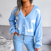 Cozy Cropped Cardigan for Women with V Neck Long Sleeve Cloud Print Button Front Style