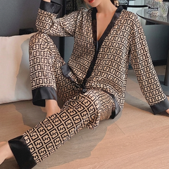 Elegant Geometric Print Pajama Set for Women with V Neck Long Sleeve Satin Trim Two Piece Style