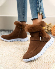 Cozy Grey Snow Boots for Women with Faux Fur Trim Buckle Slip On Winter Snowproof Style