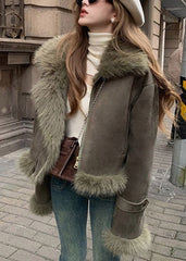 Cozy Army Green Suede Jacket for Women with Faux Fur Collar Long Sleeve Shearling Moto Style