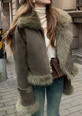 Cozy Army Green Suede Jacket for Women with Faux Fur Collar Long Sleeve Shearling Moto Style