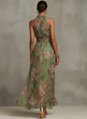 Elegant Green Floral Maxi Dress for Women with Halter Neck Sleeveless Ruched Waist Formal Wedding Guest Style