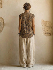 Effortless Cotton Linen Wide Leg Pants Set for Women with Boho Print Cardigan