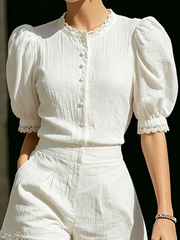 Elegant White Two Piece Set for Women with Puff Sleeve Button Top High Waist Shorts Tailored Style
