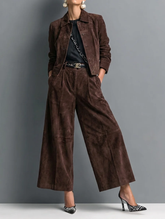 Elegant Dark Brown Suedette Jacket Two Piece Set for Women with Collar Long Sleeve Wide Leg Pant Tailored Style