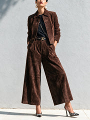 Elegant Dark Brown Suedette Jacket Two Piece Set for Women with Collar Long Sleeve Wide Leg Pant Tailored Style
