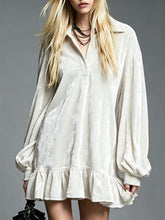 Elegant Velvet Mini Dress for Women with Collared V Neck Lantern Sleeve Ruffled Hem Style