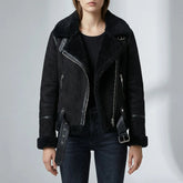 Women's Faux Shearling Aviator Moto Jacket Biker Zip Sherpa-Lined Faux Leather Trim Belted Collar