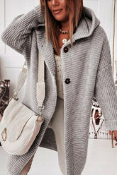 Cozy Long Knit Cardigan for Women with Hooded Neck Long Sleeve Button Front Duster Style