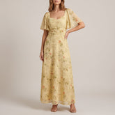 Elegant Floral Chiffon Fall Wedding Guest Dress for Women with Sweetheart Neck Flutter Sleeve Ruched Maxi Style