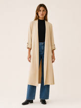 Elegant Long Trench Coat for Women with Open Front Roll Tab Sleeve Belted Waist Classic Style