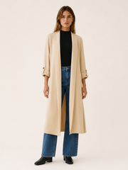 Elegant Long Trench Coat for Women with Open Front Roll Tab Sleeve Belted Waist Classic Style