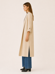 Elegant Long Trench Coat for Women with Open Front Roll Tab Sleeve Belted Waist Classic Style