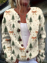 Comfortable Bow Print Christmas Sweater for Women with V Neck Long Sleeve Button Front Relaxed Knit Style