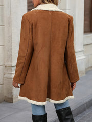 Elegant Light Brown Shearling Winter Coat for Women with Notch Lapel Double Breasted Faux Fur Trim