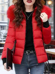 Cozy Red Puffer Ski Jacket for Women with Faux Fur Hood Long Sleeve Zip Front Quilted Style