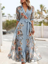 Elegant Blue Floral Wrap Maxi Dress for Women with V-Neck Puff Sleeve Tie Waist Casual Wedding Guest Style