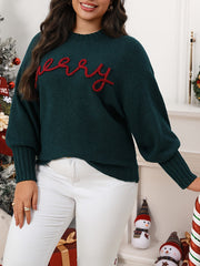 Cozy Green Merry Letter Christmas Tacky Sweater for Women with Crew Neck Long Sleeve Knit Pullover Holiday Style