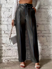Elegant Black Faux Leather Slacks for Women with High Waist Pintuck Wide Leg Relaxed Style