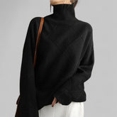 Cozy Black Oversized Sweater for Women with Turtleneck Long Sleeve Diamond Knit Relaxed Pullover Style