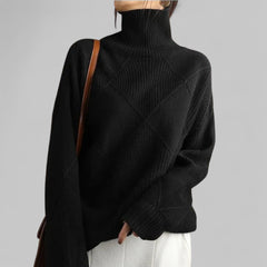 Cozy Black Oversized Sweater for Women with Turtleneck Long Sleeve Diamond Knit Relaxed Pullover Style