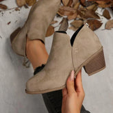 Comfortable Booties for Women with Round Toe Side Zip Block Heel V Cut Ankle Style