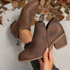 Comfortable Booties for Women with Round Toe Side Zip Block Heel V Cut Ankle Style