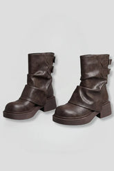Comfortable Wide Calf Boots for Women with Fold Over Cuff Buckle Block Heel Mid Calf Style