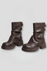 Comfortable Wide Calf Boots for Women with Fold Over Cuff Buckle Block Heel Mid Calf Style