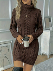 Comfortable Cable Knit Sweater Dress for Women with Turtleneck Long Sleeve Bodycon Mini Style