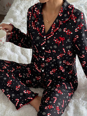 Cozy Black Candy Cane Print Christmas Pajamas for Women with Notch Collar Long Sleeve Ruffle Trim Relaxed Style