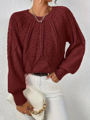 Cozy Cable Knit Sweater for Women with V Neck Balloon Sleeve Chunky Relaxed Pullover Style