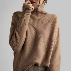 Cozy Black Oversized Sweater for Women with Turtleneck Long Sleeve Diamond Knit Relaxed Pullover Style