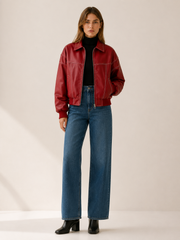 Bold Red Faux Leather Bomber Jacket for Women with Contrast Stitching Zip Front Ribbed Trim Moto Style