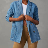Effortless Blue Denim Jacket for Women with Lapel Collar Long Sleeve Relaxed Open Front Casual Style