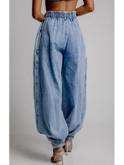 Effortless Blue High Waisted Balloon Jeans for Women with Pleated Front Zip Wide Leg Relaxed Style