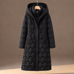 Cozy Longline Puffer Jacket for Women with Hooded Collar Long Sleeve Quilted Maxi Padded Style