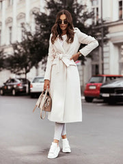 Elegant Belted Wool Winter Coat for Women with Notch Lapel Long Sleeve Tie Waist Flowing Style