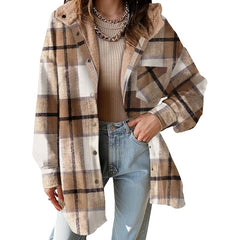 Cozy Plaid Shacket for Women with Hooded Collar Long Sleeve Sherpa Lined Flannel Oversized Style