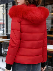 Cozy Red Puffer Ski Jacket for Women with Faux Fur Hood Long Sleeve Zip Front Quilted Style