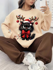 Comfortable Christmas Tacky Sweater for Women with Crew Neck Long Sleeve Cat Graphic Oversized Knit Style