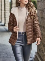 Effortless Coffee Brown Quilted Jacket for Women with Hooded Sherpa Lined Zip Front Relaxed Style