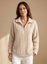 Cozy Plush Fleece Quarter-Zip Pullover for Women with Ribbed Texture Collar Long Sleeve Warm Sweater Style