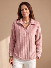 Cozy Plush Fleece Quarter-Zip Pullover for Women with Ribbed Texture Collar Long Sleeve Warm Sweater Style