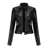 Chic Leather Jacket for Women with Stand Collar Long Sleeve Zip Front Cropped Biker Style