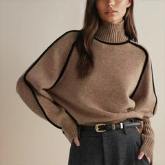 Comfortable Contrast Piping Sweater for Women with Turtleneck Long Sleeve Oversized Ribbed Knit Style