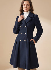 Elegant Wool Winter Trench Coat for Women with Notched Lapel Long Sleeve Double Breasted Fit and Flare Style